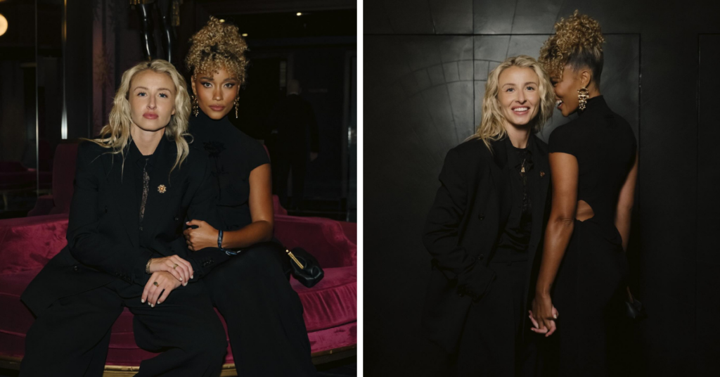 Leah Williamson and girlfriend Elle Smith sitting side by side