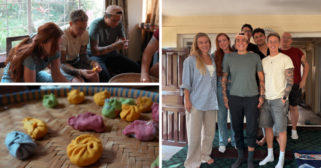 a group of queer travelers with a Pride flag and Trans flag at Everest Base Camp in Nepal