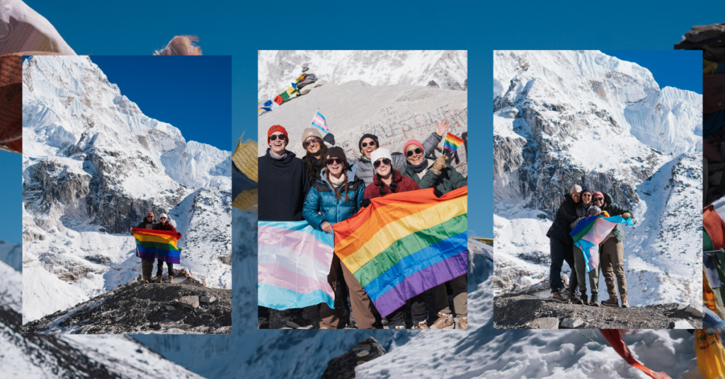 a group of queer travelers with a Pride flag and Trans flag at Everest Base Camp in Nepal