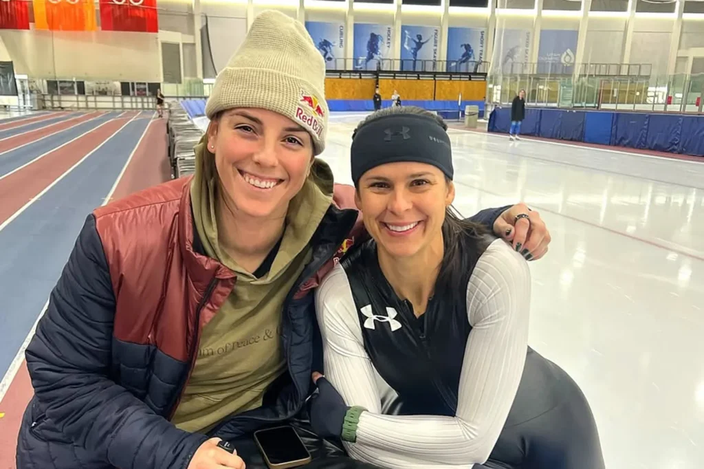 Hilary Knight and Brittany Bowe together at the speedskating rink 