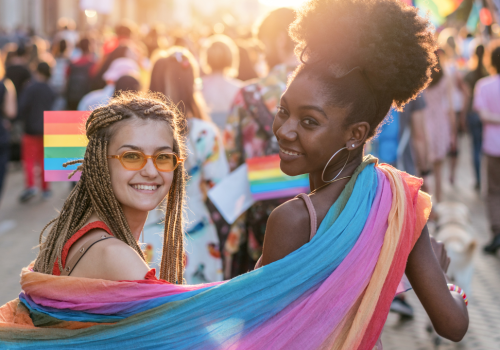 two women in their 20s one white and one black with a pride flag wrapped around them at a pride parade
